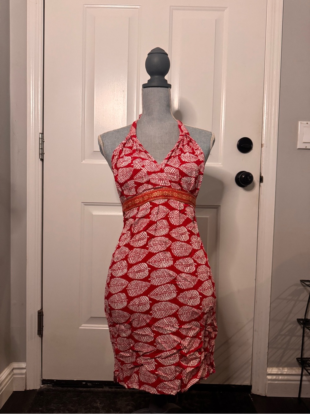 Red Halter Leaf Print Summer Dress